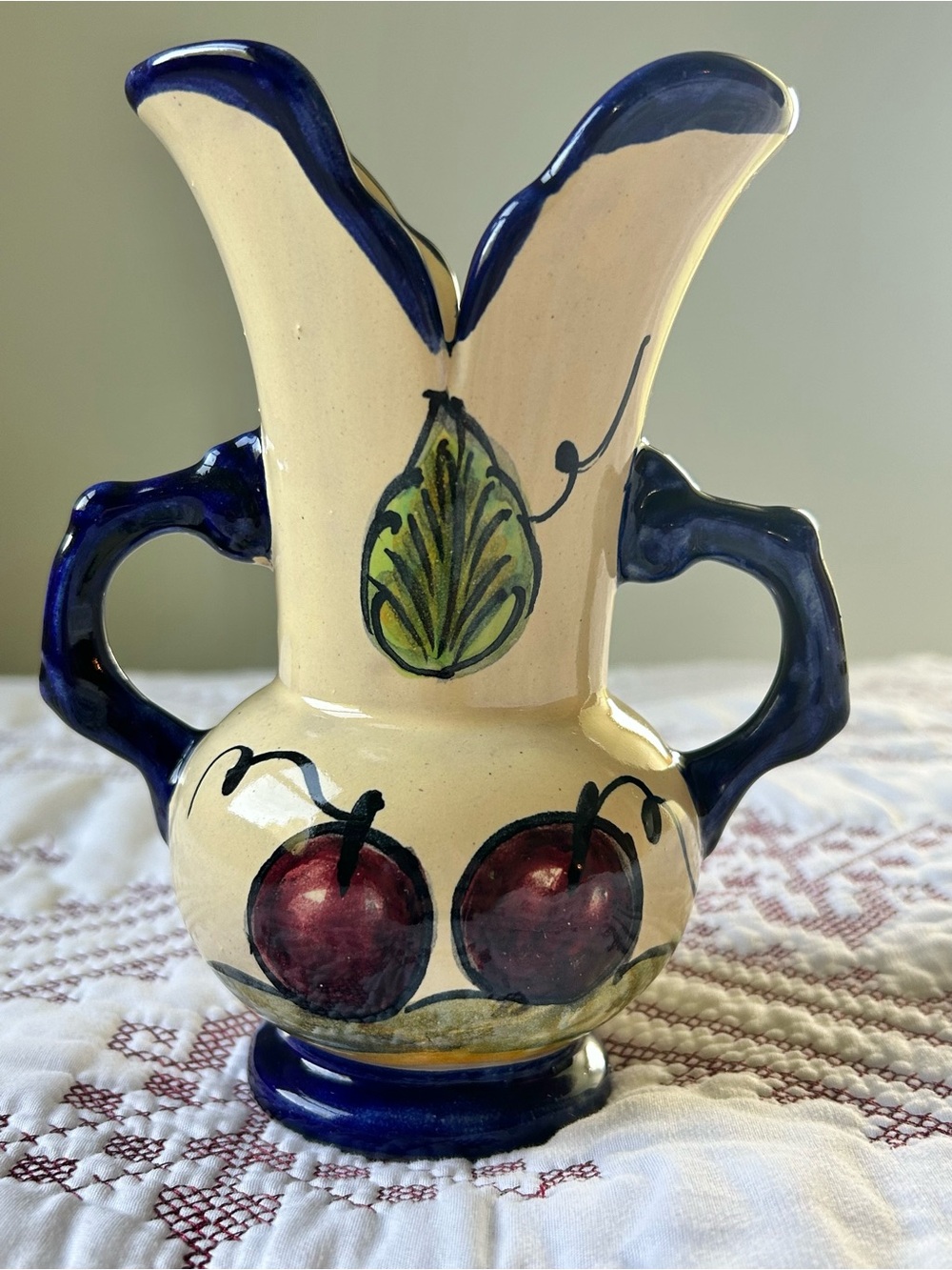 Vintage Hand-Painted Mexican Ceramic Vase with Blue Trim and Cherry Motif